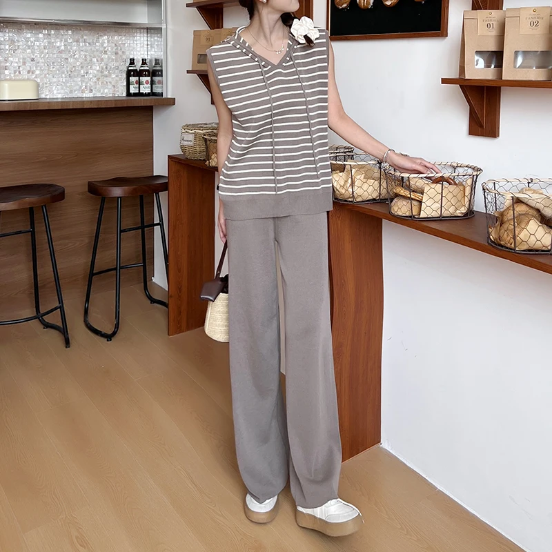 Hooded Drawstring Striped Top Sleeveless Vest Knit 2-Pieces Set Wide Leg Pant Long Solid Trouser Women Clothing Casual Summer