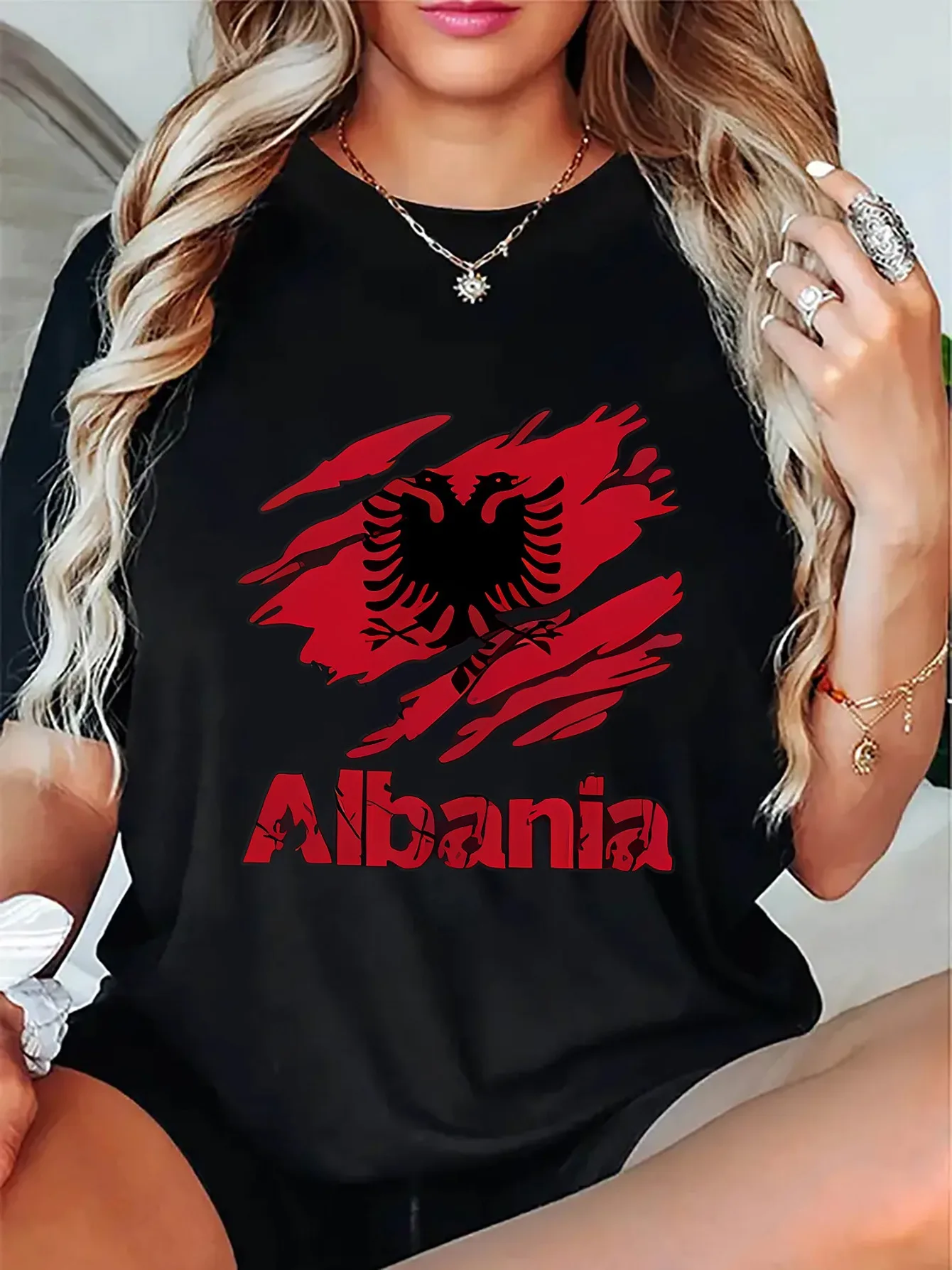 

Women'S Black Albania Flag Graphic Tee - Short Sleeve Crew Neck T-Shirt with Red and White Eagle Design,