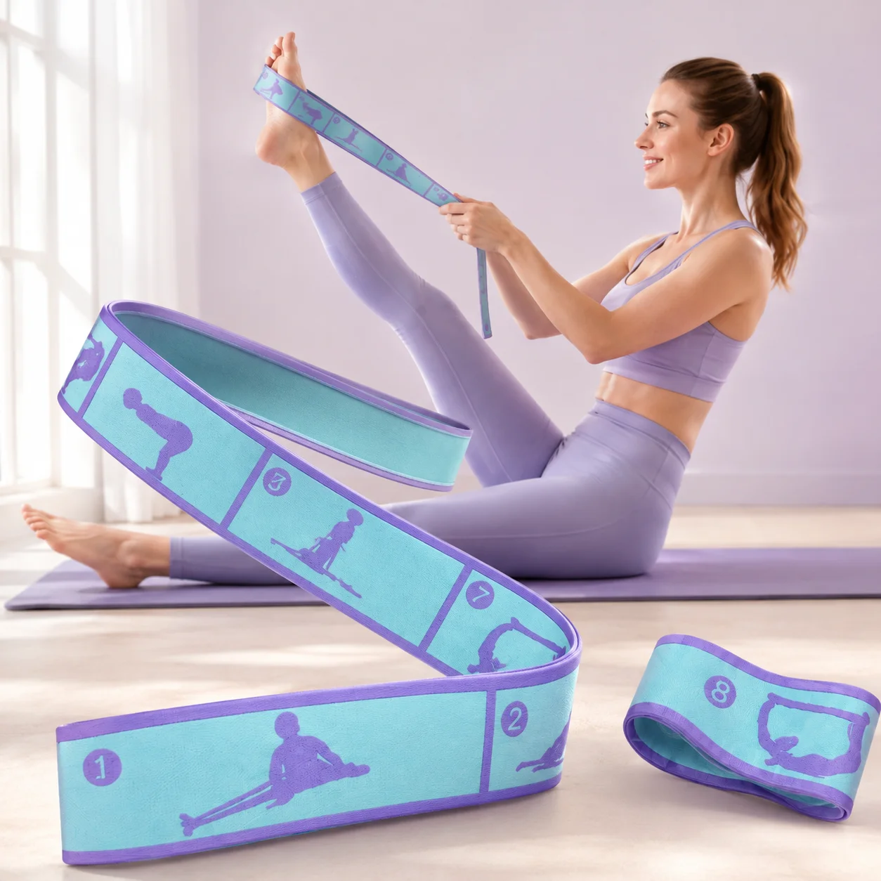8 Section Yoga Stretch Band 85x4cm Numbered Resistance Strap for Pilates Leg Shoulder Flexibility Home Exercise