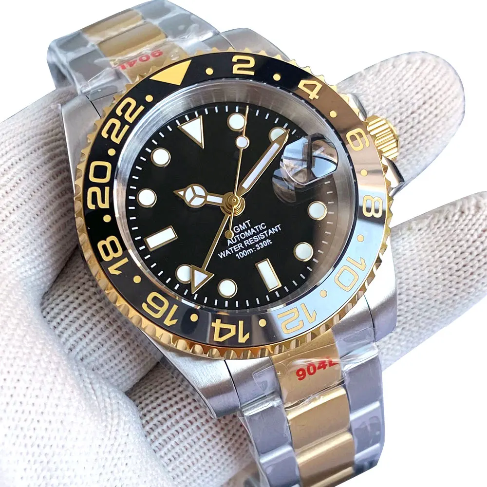 Gold Tow Tone NH34A GMT Movement Diving Watch for Men Automatic Watches Mechanical Swim Jubilee Bracelet 200m Waterproof Date