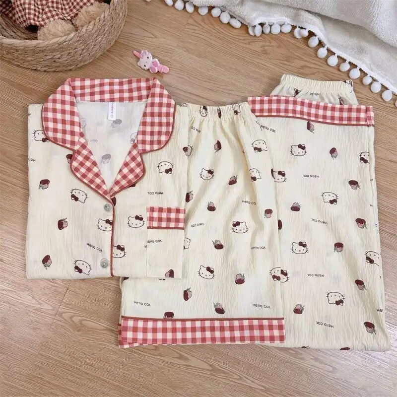

Sanrio Hello Kitty 3 Piece Pyjamas Set Soft Cotton Plus Size Women Home Loungewear Sweet Korean Style Summer New Collection