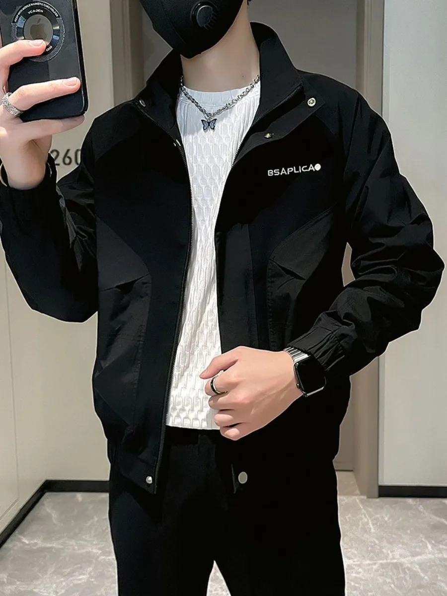 

Trendy Embroidered Casual Workwear Jaet for Men Spring Autumn New Sle Breathable Stand Fit V-Ne Men's Faion Top