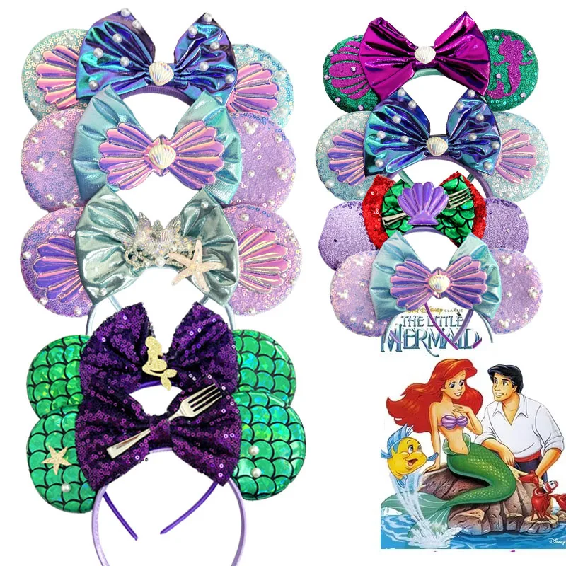 Diadema con orejas de Mickey Mouse de Sirenita para niña, accesorios para el cabello, diadema de Ariel, diadema con orejas de concha de perlas Sebastian para niños