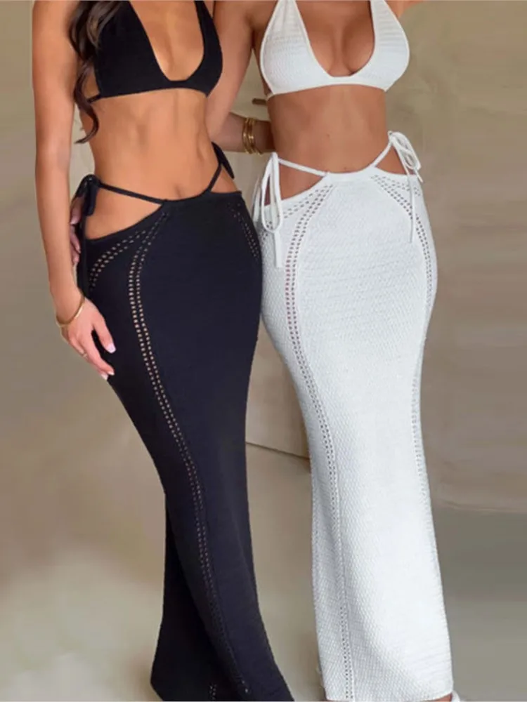 Conjunto de Bikini sin tirantes para mujer, Top corto y falda de retazos, traje de baño plisado de punto a la moda para playa