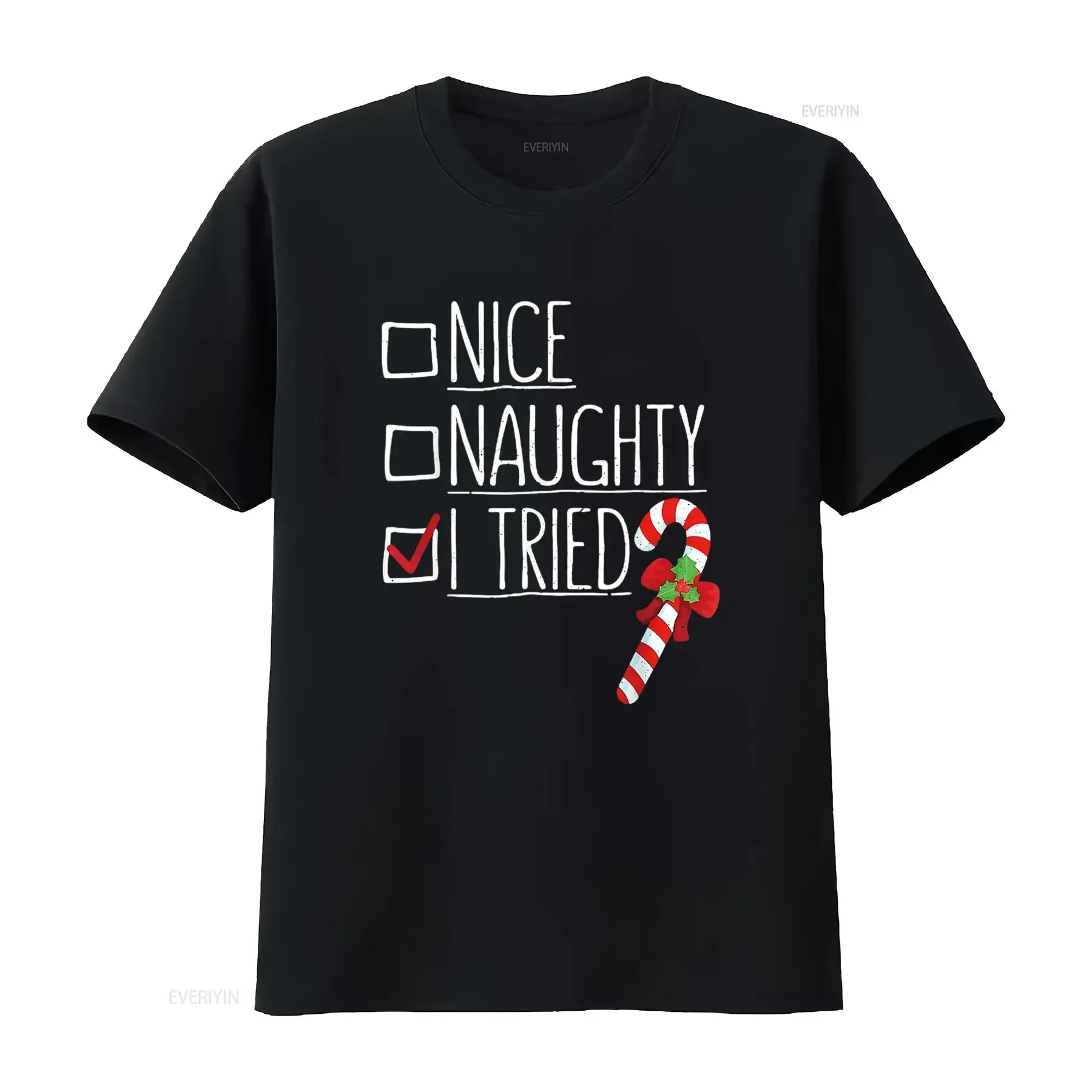 Camiseta con diseño de pijama navideño para mujer, bonito y travieso, con texto en inglés "I Tried", color negro, 2 grandes gráficos vintage lavados