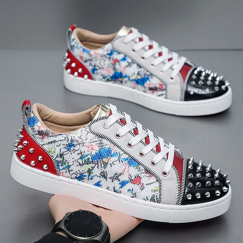 

New street personality skate shoes men trend sneakers tapered rivets casual studded trainers fashion punk hip hop shoes man boy
