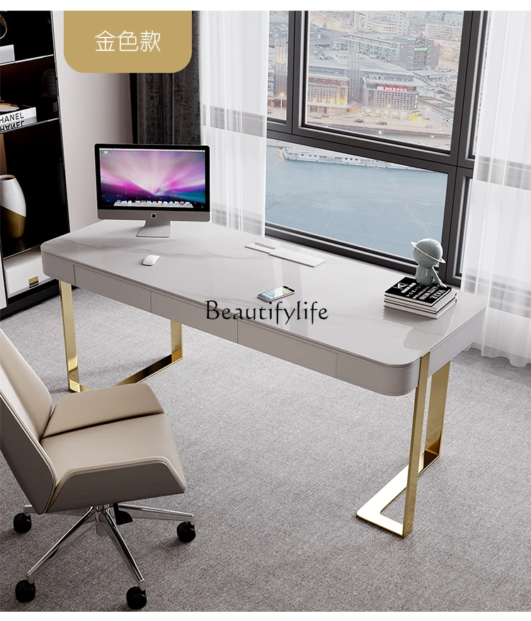 Italian minimalist light luxury rock slab writing desk household creative high-end stainless steel computer desk