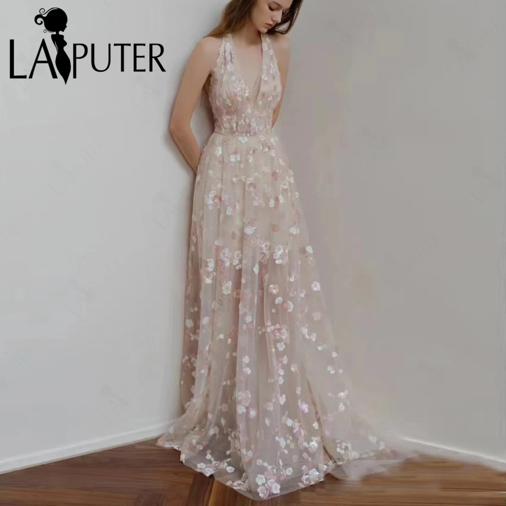 Sequin Flower Lace Pink Long Evening Dresses Halter V neck Long Ribbon Party Dress Sleeveless A line Pleated Pink Celebrity Gown