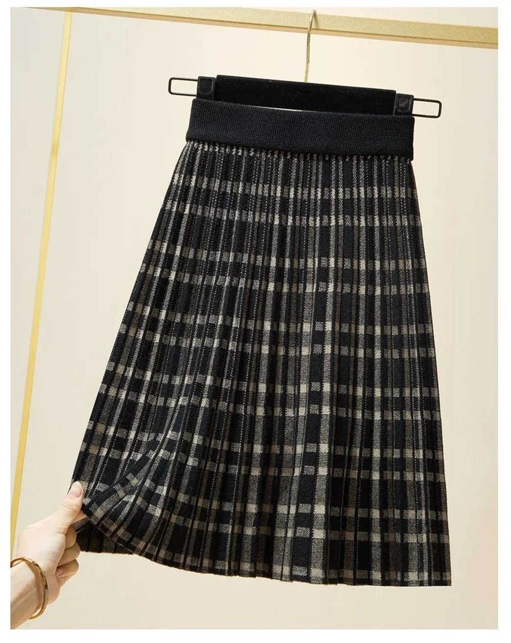 Ladies New A-line Pleated Skirt Vintage Rhombus Plaid  Woman Knitted Skirt  For Women 2023 Autumn Winter High Waist Long Skirts