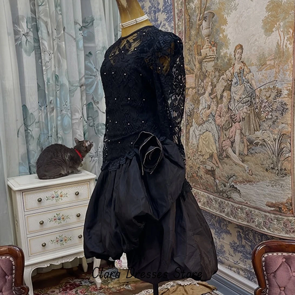 Simple Crew Neck Long Sleeves Evening Dress Customized A-Line Black Classic Party Dress High Quality Lace Bespoke Occasion Gowns