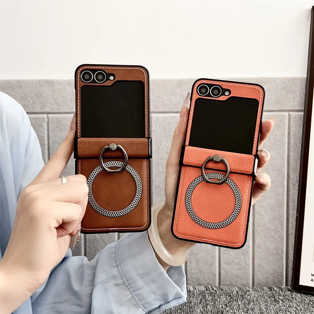 Frosted Leather Ring Holder Magsafe Magnetic Phone Case for Samsung Galaxy Z Flip 7 6 5 4 3 Flip7 FE Flip6 Wireless Charge Cover