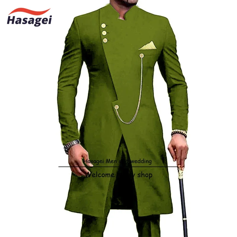 Men\'s Indian Style Suit 2 Piece Suit, Long Jacket Wedding Groom Tuxedo Single Breasted Jacket Pants Formal Party Clothes