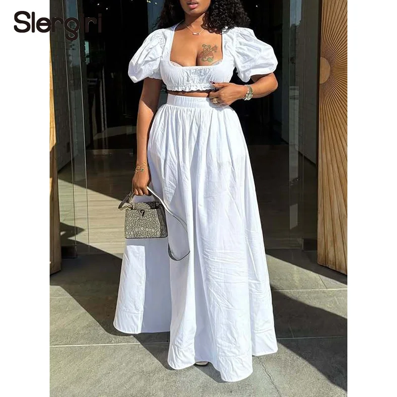 

Slergiri Skirts Set White Square Neck Puff Sleeve Crop Top + Elastic Waist Long Skirt 2 Piece Set Women's Vacation Outfit