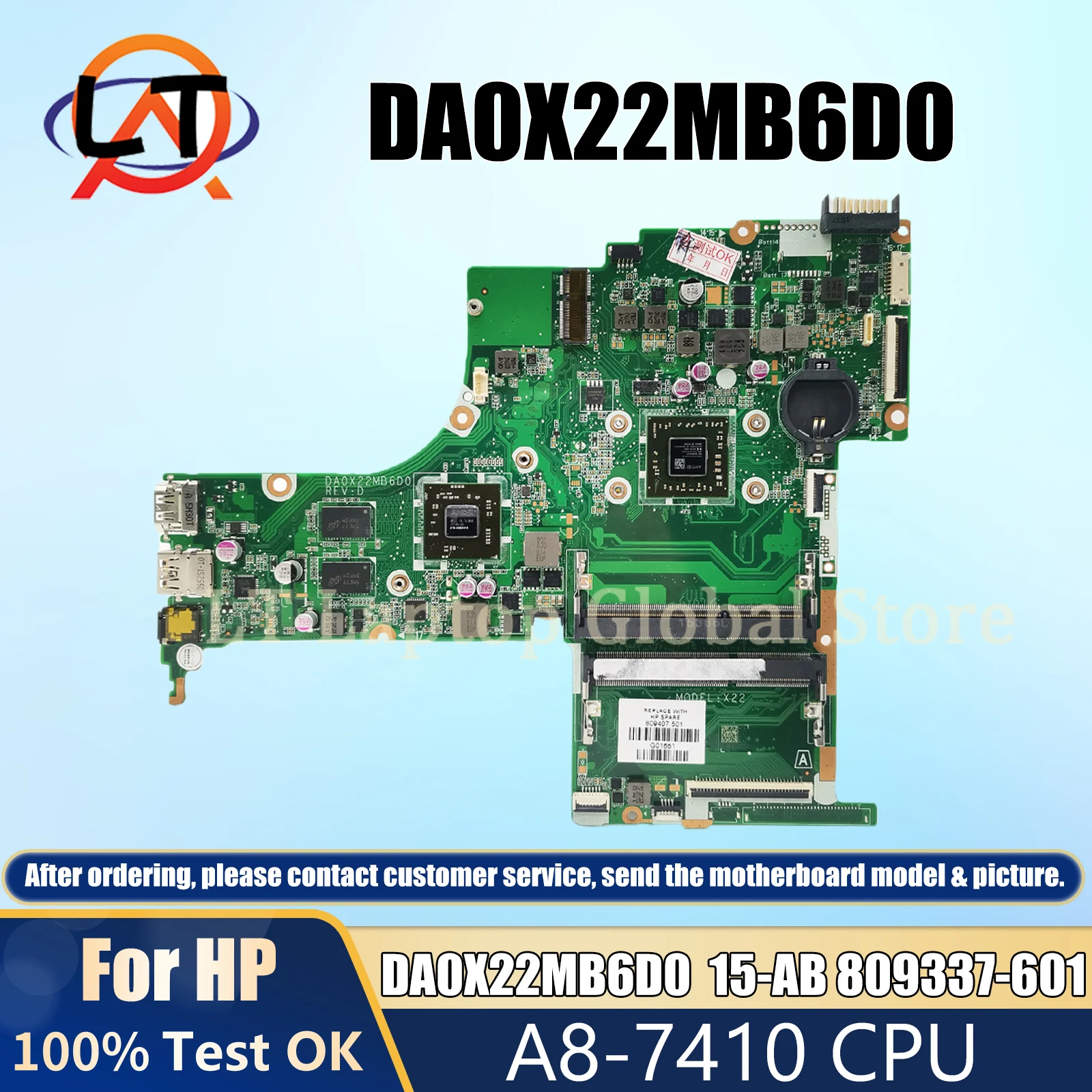 

For HP DA0X22MB6D0 Notebook Mainboard Pavilion 15-AB Laptop Motherboard A8-7410 CPU