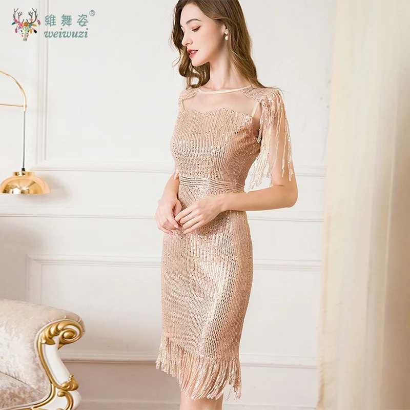 فاخر أنيق شرابات قصيرة الأكمام الترتر فستان حفلات الزفاف فساتين نسائية مساء سليم مثير كوكتيل الترتر هامش فستان