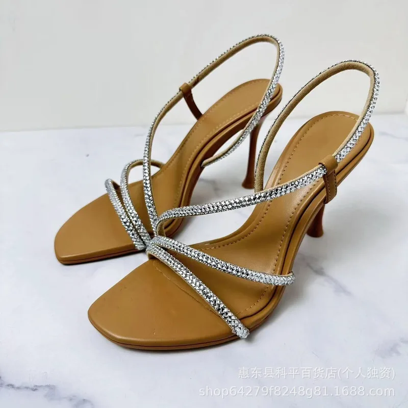 Summer New Women's Shoes Thin Heels Square Headed Water Diamond Decoration One Line Open Toe High Heel Sandals for Women