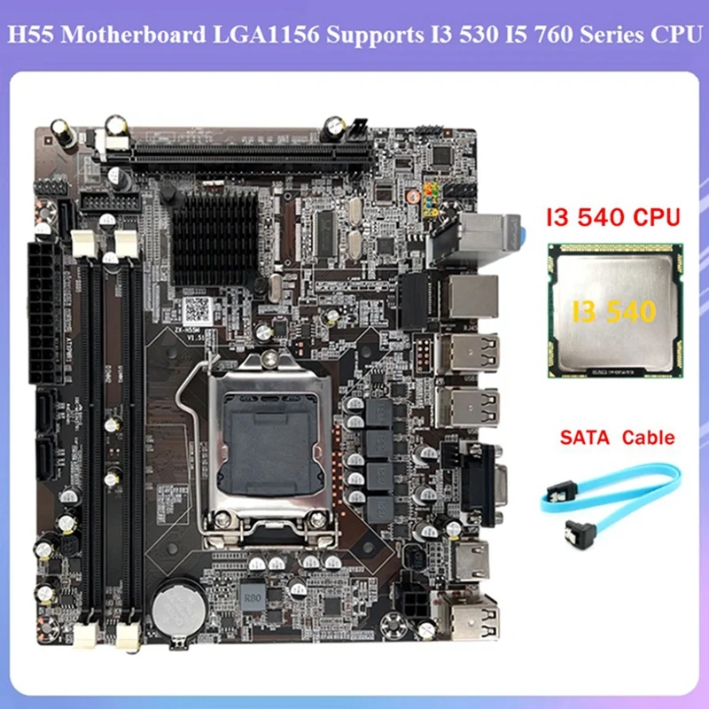 

H55 Motherboard LGA1156 Supports I3 530 I5 760 Series CPU DDR3 Memory Computer Motherboard+I3 540 CPU+SATA Cable