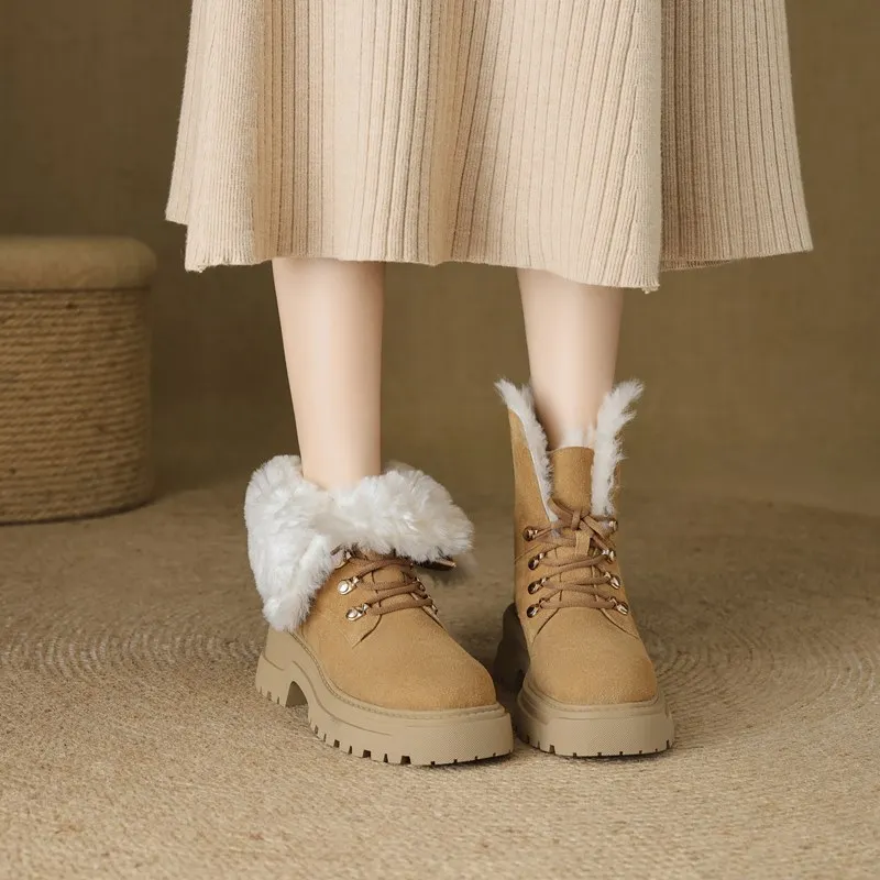 MORAZORA Cow Suede Leather Snow Boots Women Lace Up Round Toe Platform Ankle Boots Nature Wool Warm Winter Boots Ladies Shoes image 2