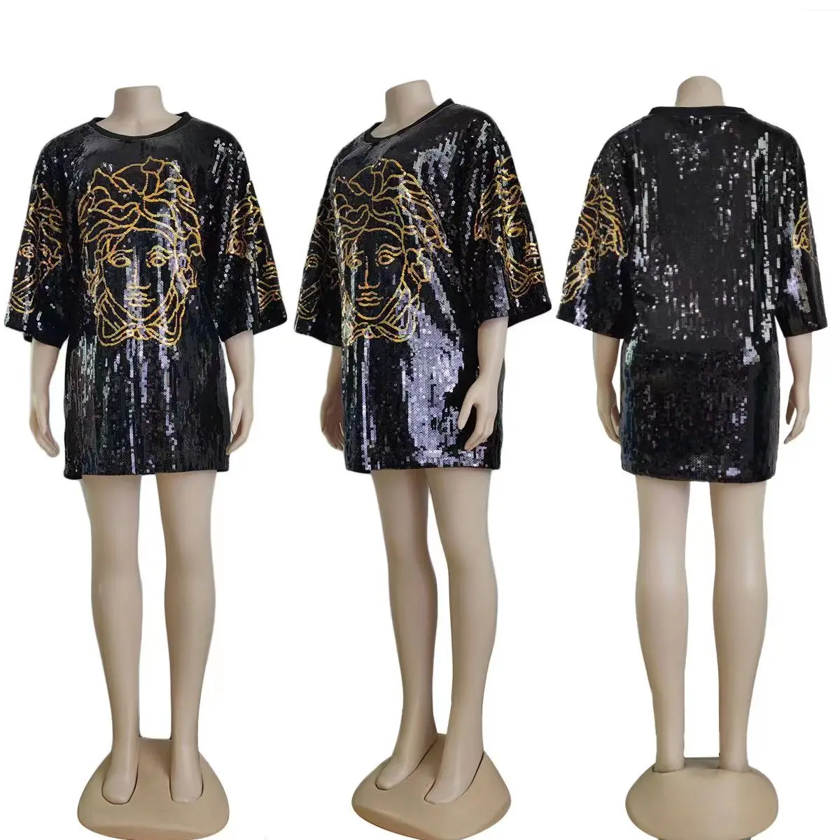 Chic Ins European Creativity Pattern Short Sleeves Sequined Women T-Shirt Loose Tee Dress Long Top Punk Girls