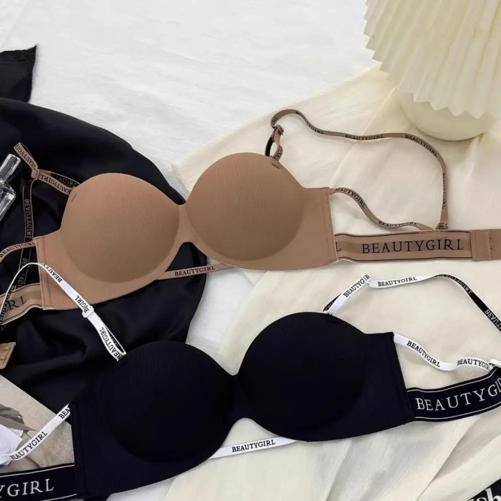 

Мягкий противоударный бюстгальтер с буквенным принтом и глубоким V-образным вырезом, собранная грудь, нижнее белье для женщин, регулируемые антипровисающие бесшовные бюстгальтеры для бега