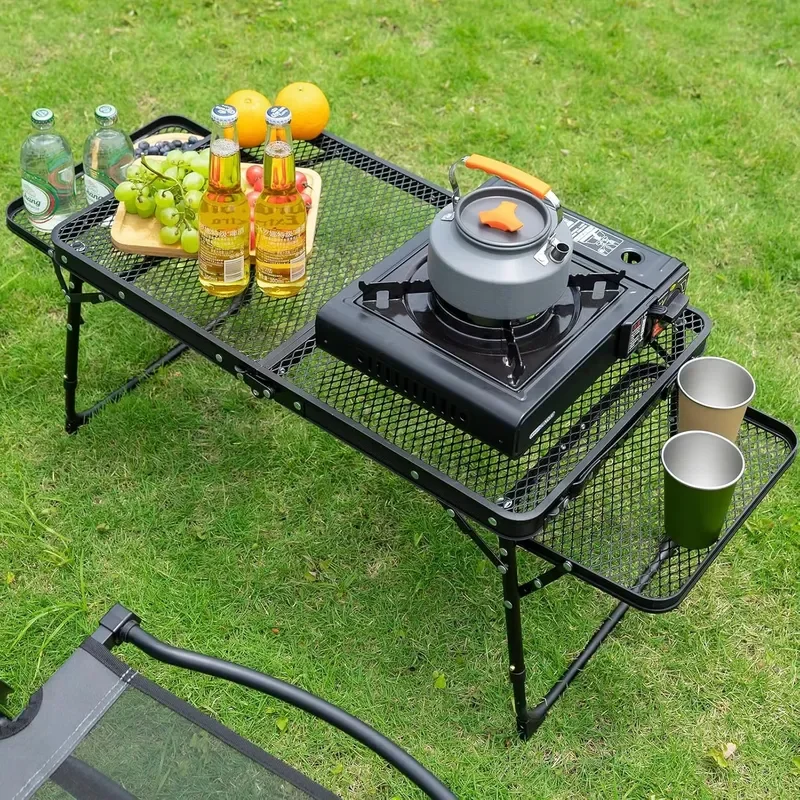 Modern Wrought Iron Outdoor Camping Folding Table Portable Black Square 2 Seater