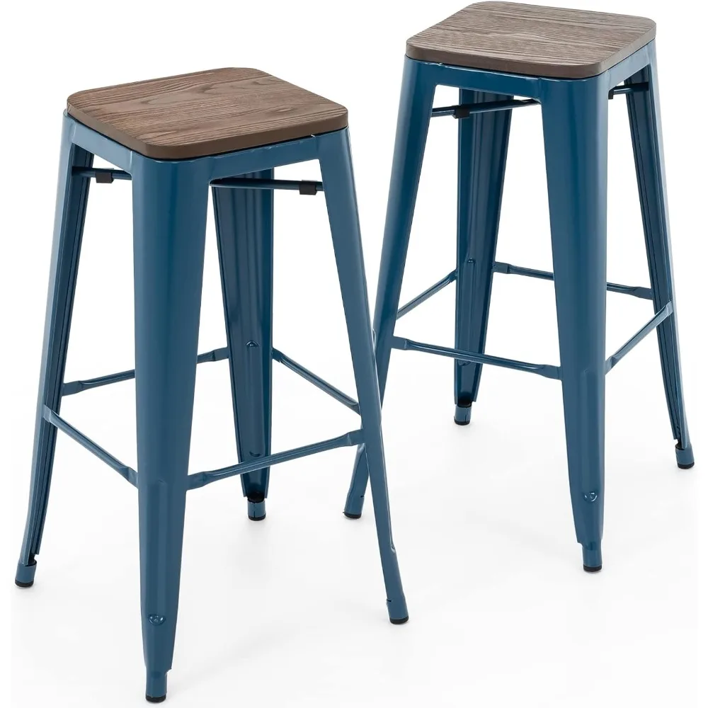 

30 Inch Metal Bar Stools with Square Solid Elm Wood Seat Top, Backless Stackable Industrial Barstools Set of 2