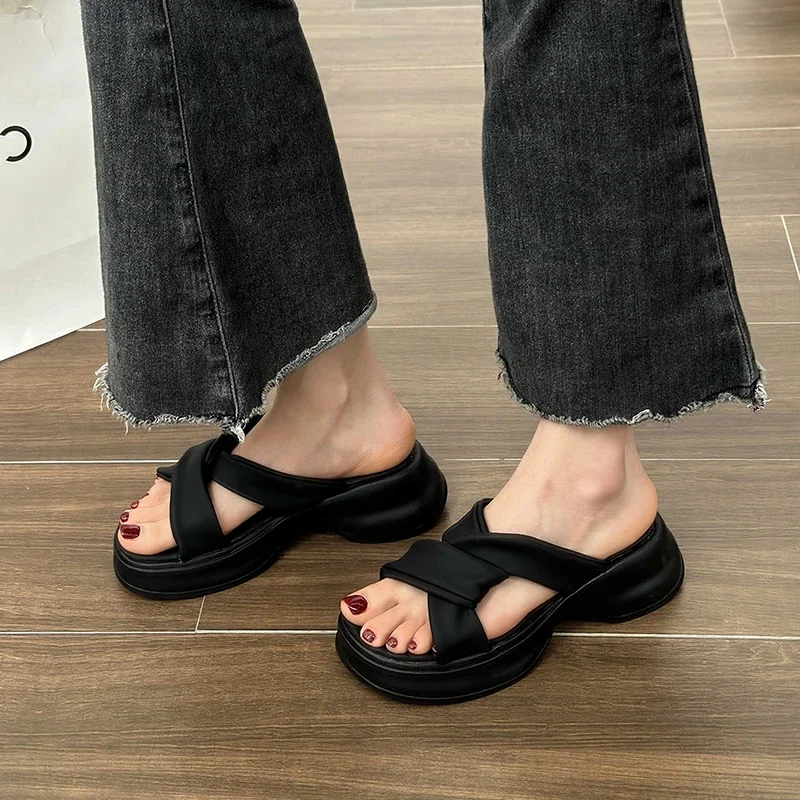 2024 Summers Platform Women\'s Slippers Fashion Open Toe Wedges Heel Ladies Outdoor Beach Slides Sandalias