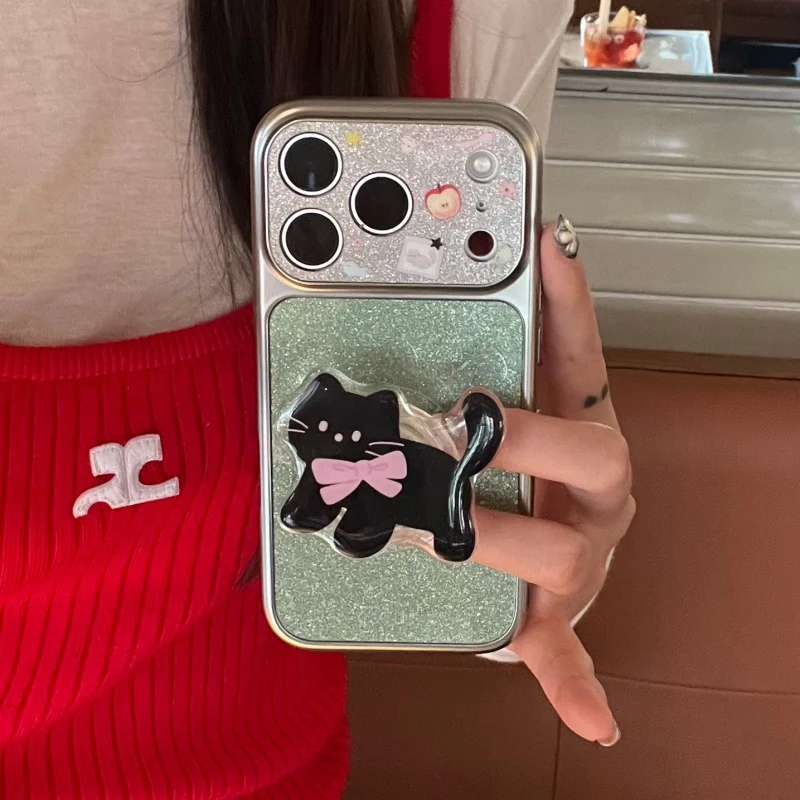 

Fashion Plating Silver Glitter Cute Black Cat Phone Case For iPhone 17 Pro 16 15 14 Pro Max Back Cover with Stand Shockproof Cas