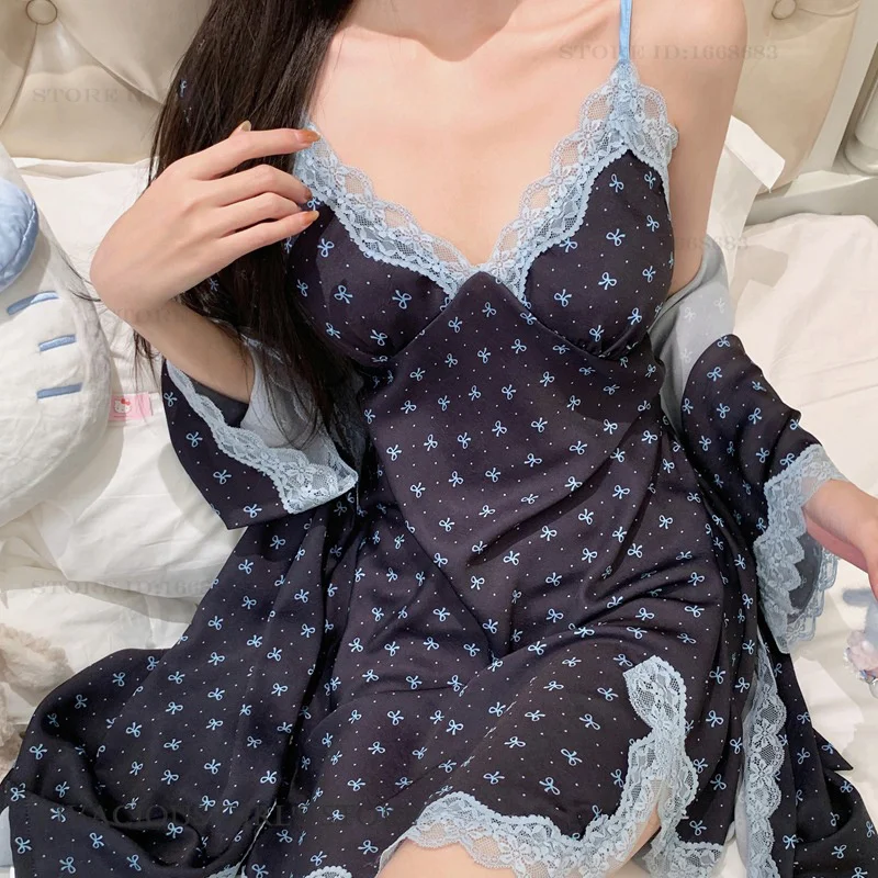 

Summer New Women 2PCS Robe Nightgown Set SEXY Print Bow Lace Lingerie Nightdress Sleepwear Sweet Cute Satin Bathrobe Homewear