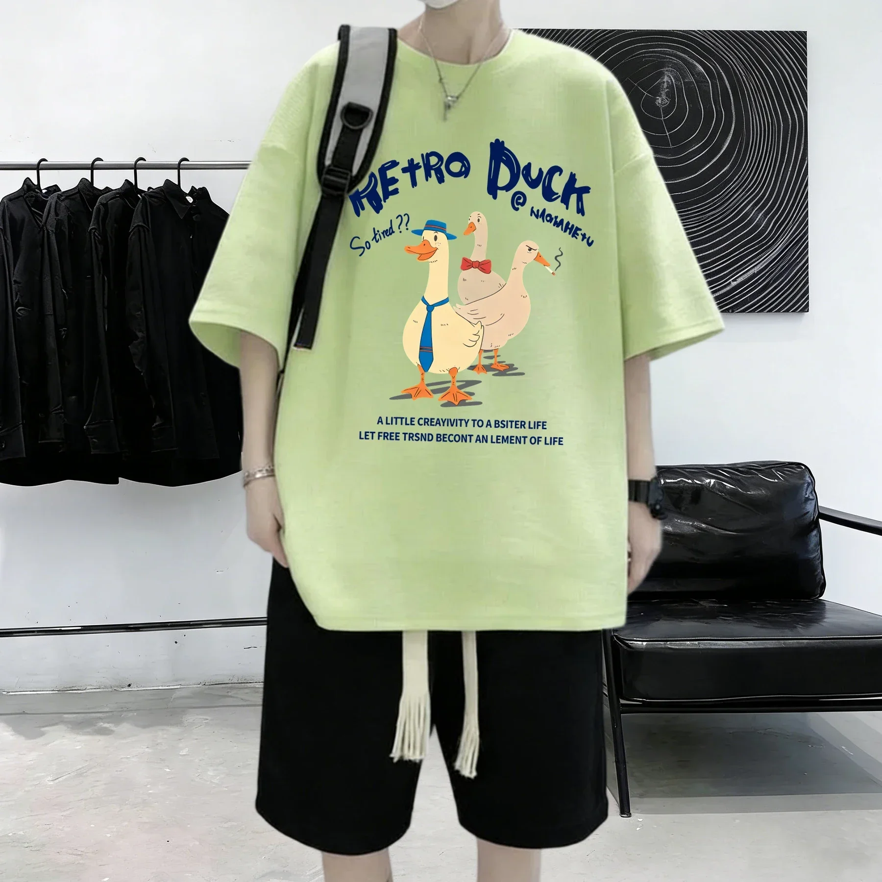 Retro Duck Doesn'T Feel Tired Printed Summer Casual Tops Cotton Mens High Street Simple T-Shirts Vintage Fashion Clothing