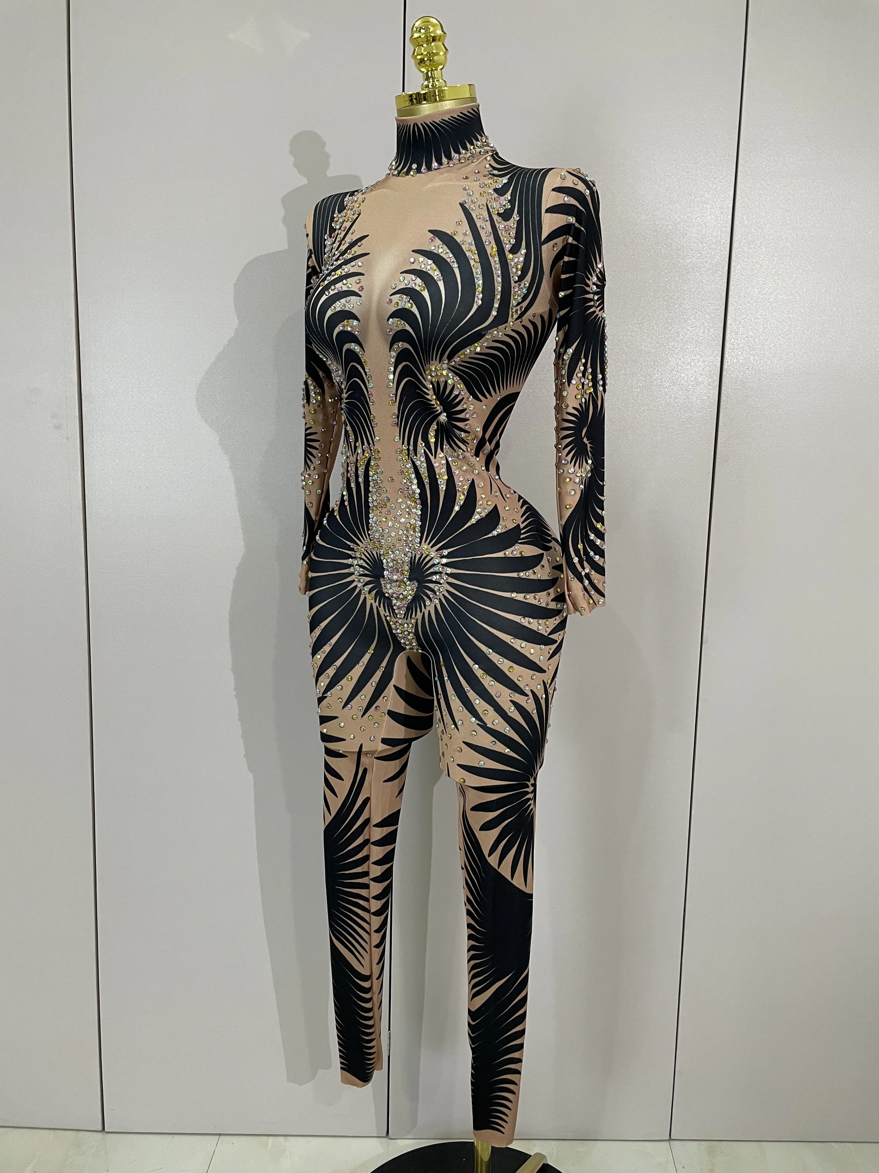 반짝이는 라인스톤 프린트 섹시한 긴 소매 스트레치 점프수트 여성 이브닝 파티 나이트클럽 드래그 퀸 쇼 무대 공연 롬퍼