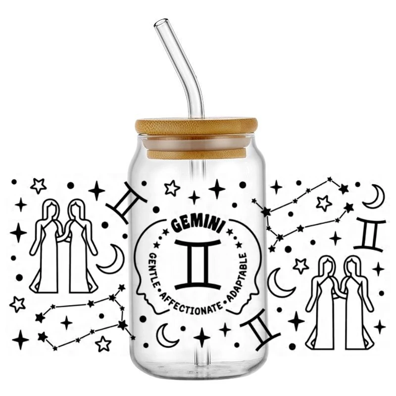 Miniso 12 Zodiac Signs Design UV DTF Cup Wrap Transfer Sticker For 16OZ Glass Libbey Can Bottle Selfadhesive Washable DIY Custom