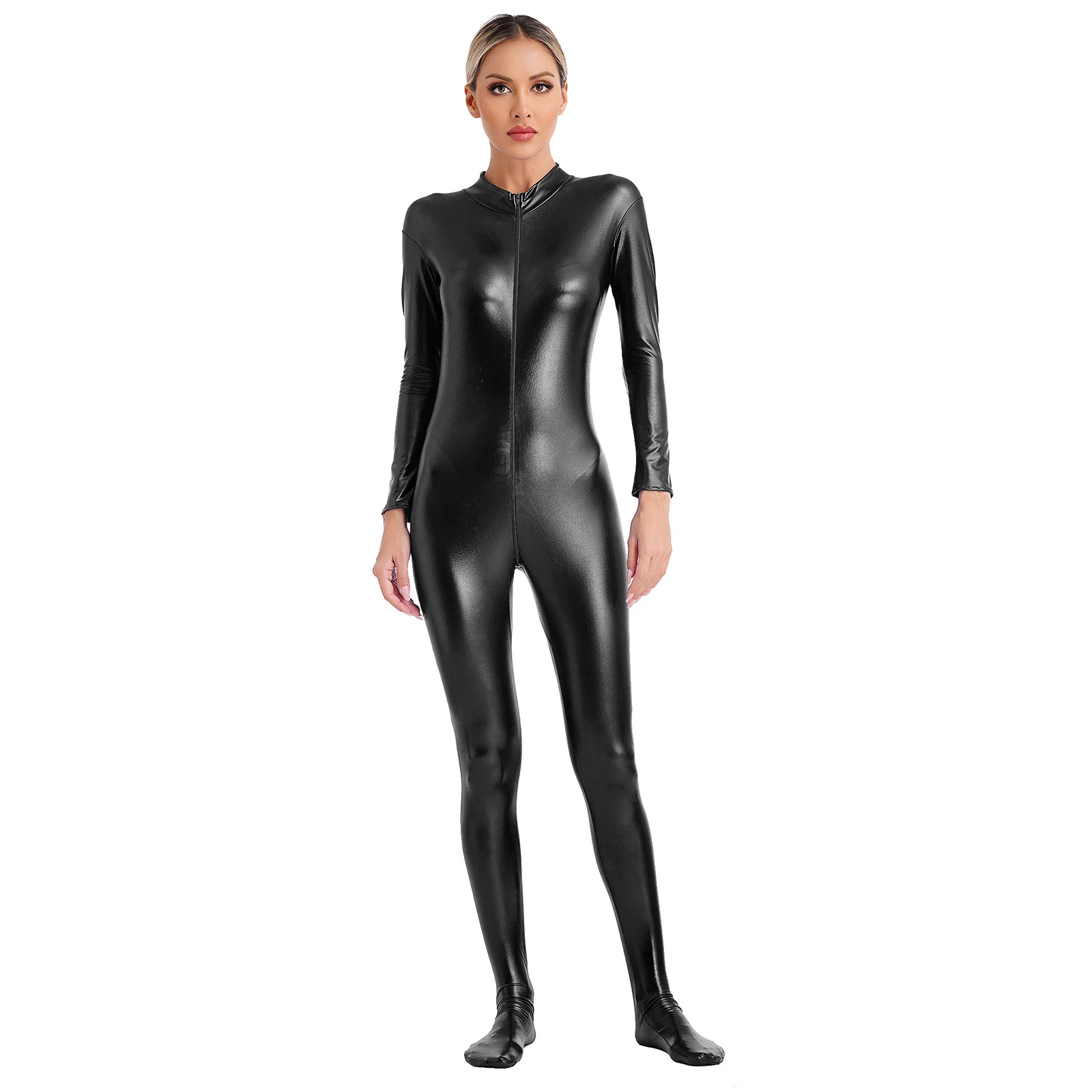 

Womens Metallic Shiny Bodycon Jumpsuit Mock Neck Long Sleeve Front Zipper Full Body Unitard Tights Sexy Lingerie Leotard Romper