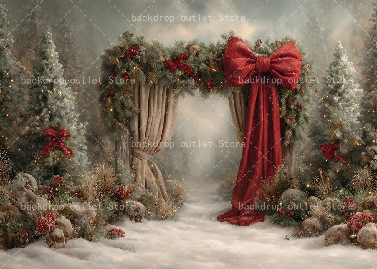 Mehofond Photography Background Vintage Red Bow Curtain Forest Xmas Tree Decor Kids Family Portrait Backdrop Photo Studio view 6