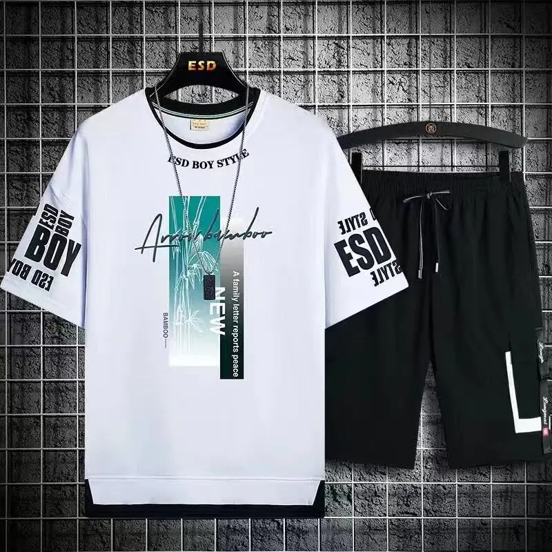 Mens Summer Short Sets Graphics T-shirt+Shorts Two Piece Set Korean Fashion Casual Daily Clothes 2022 Men Outfit Set Streetwear