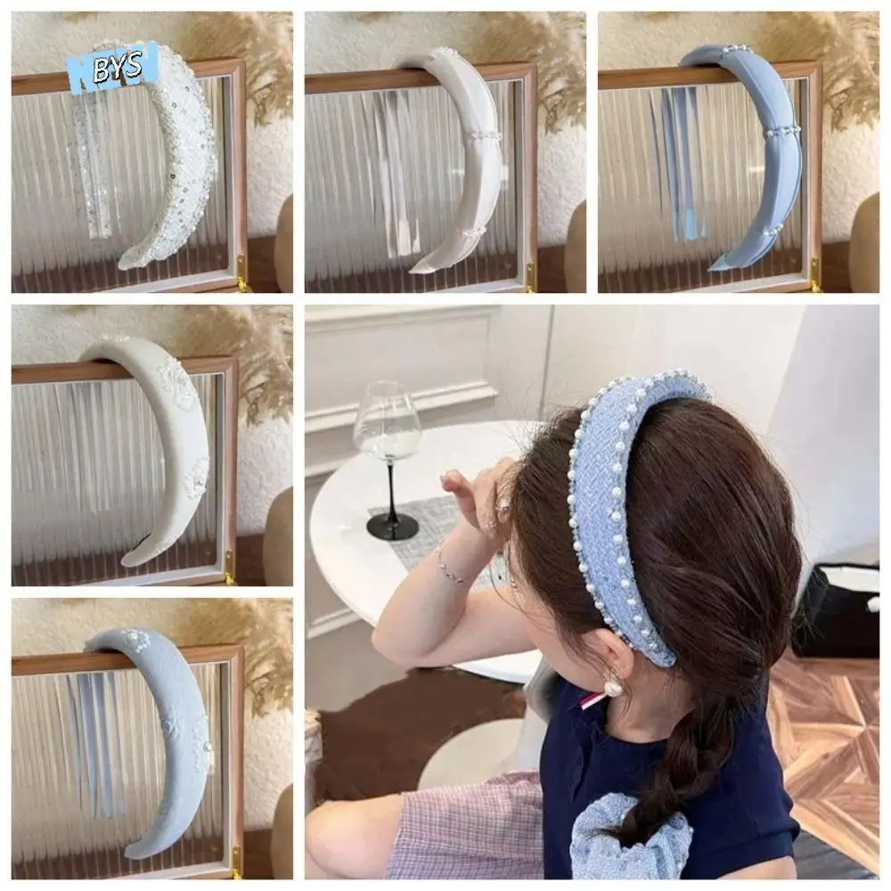 Cerceau de cheveux en tissu de perles douces, imprimé Rose, perles de Style français, bandeau en cristal, large côté, Beige, bleu, bandeau pour mariage