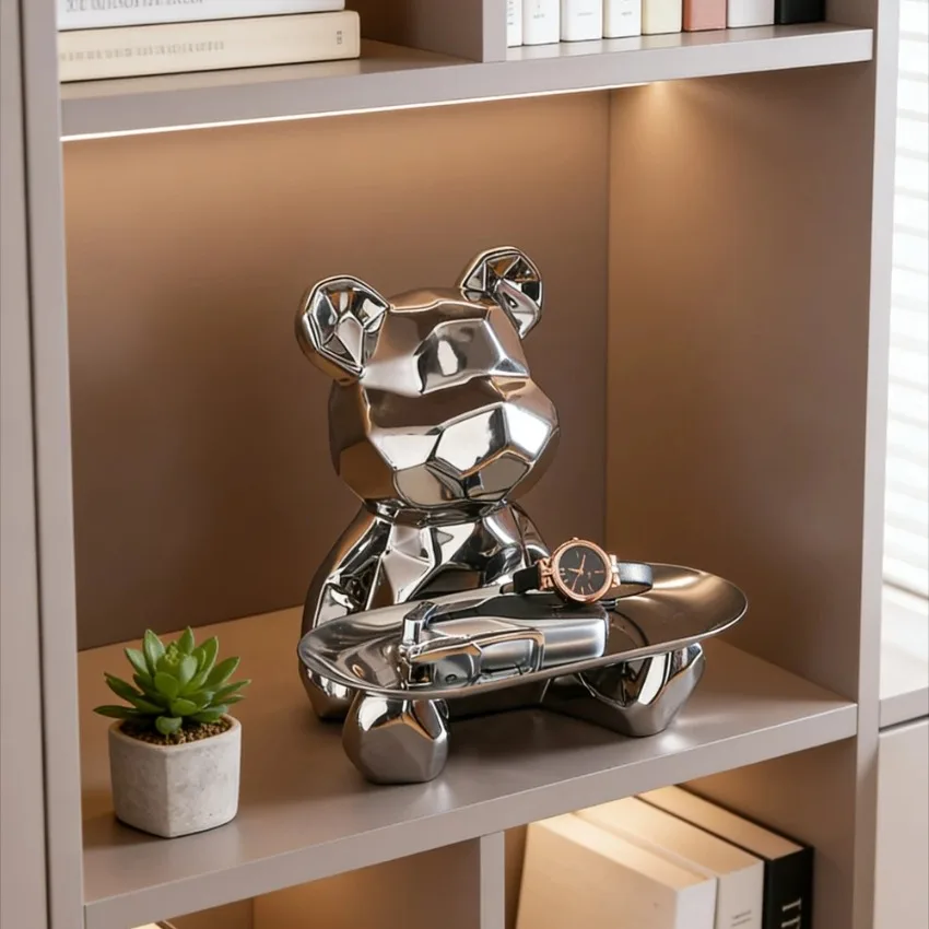 Colorful Electroplated Ceramic Teddy Bear Desktop Home Decoration Light Luxury Ornament Creative Violent Bear Tray Storage Foyer