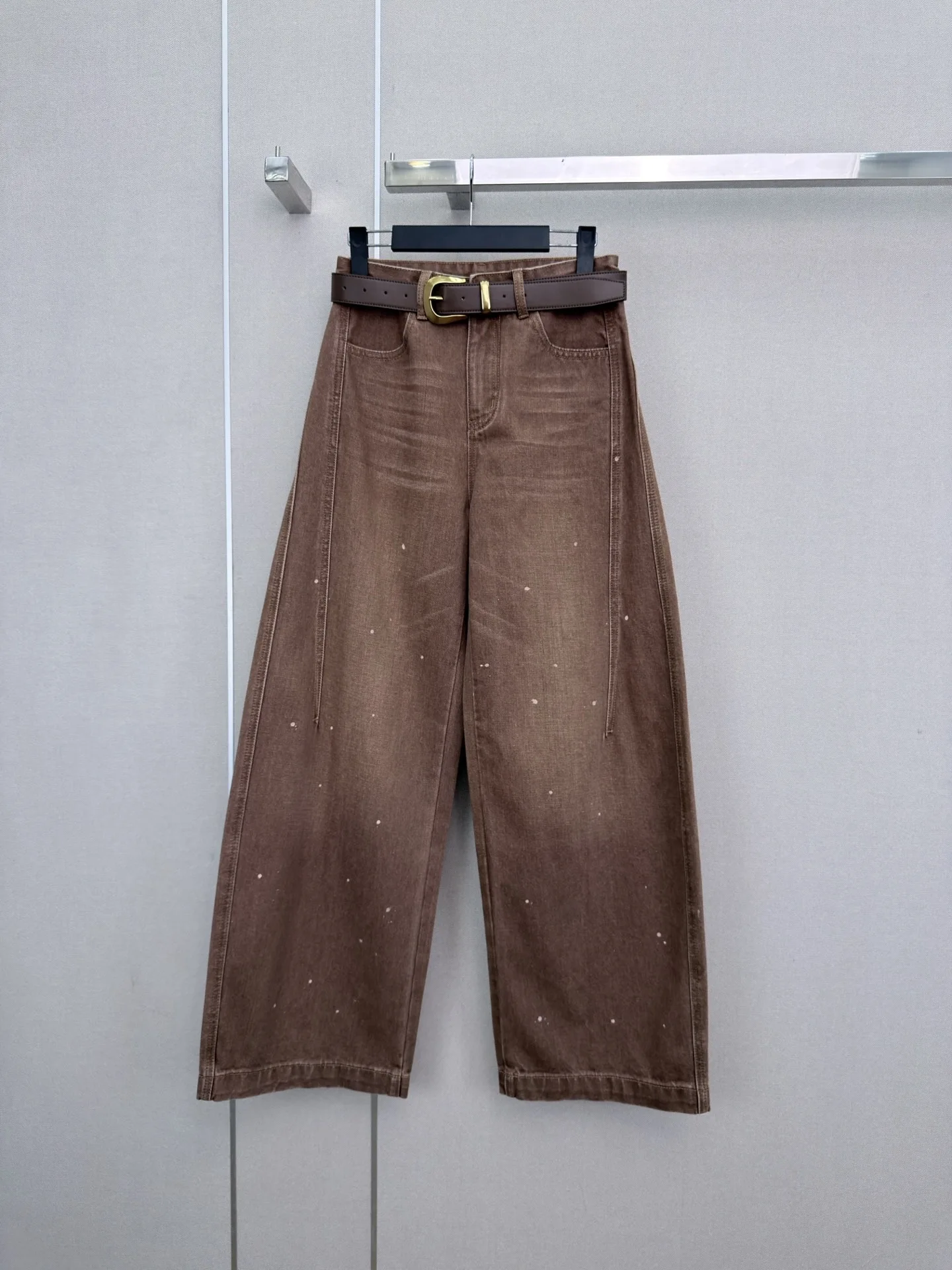 Women Vintage Brown Splash Paint Wide Leg Denim Jeans High Waist Loose Fit Casual Trousers With Free Belt, Retro Washed Jeans