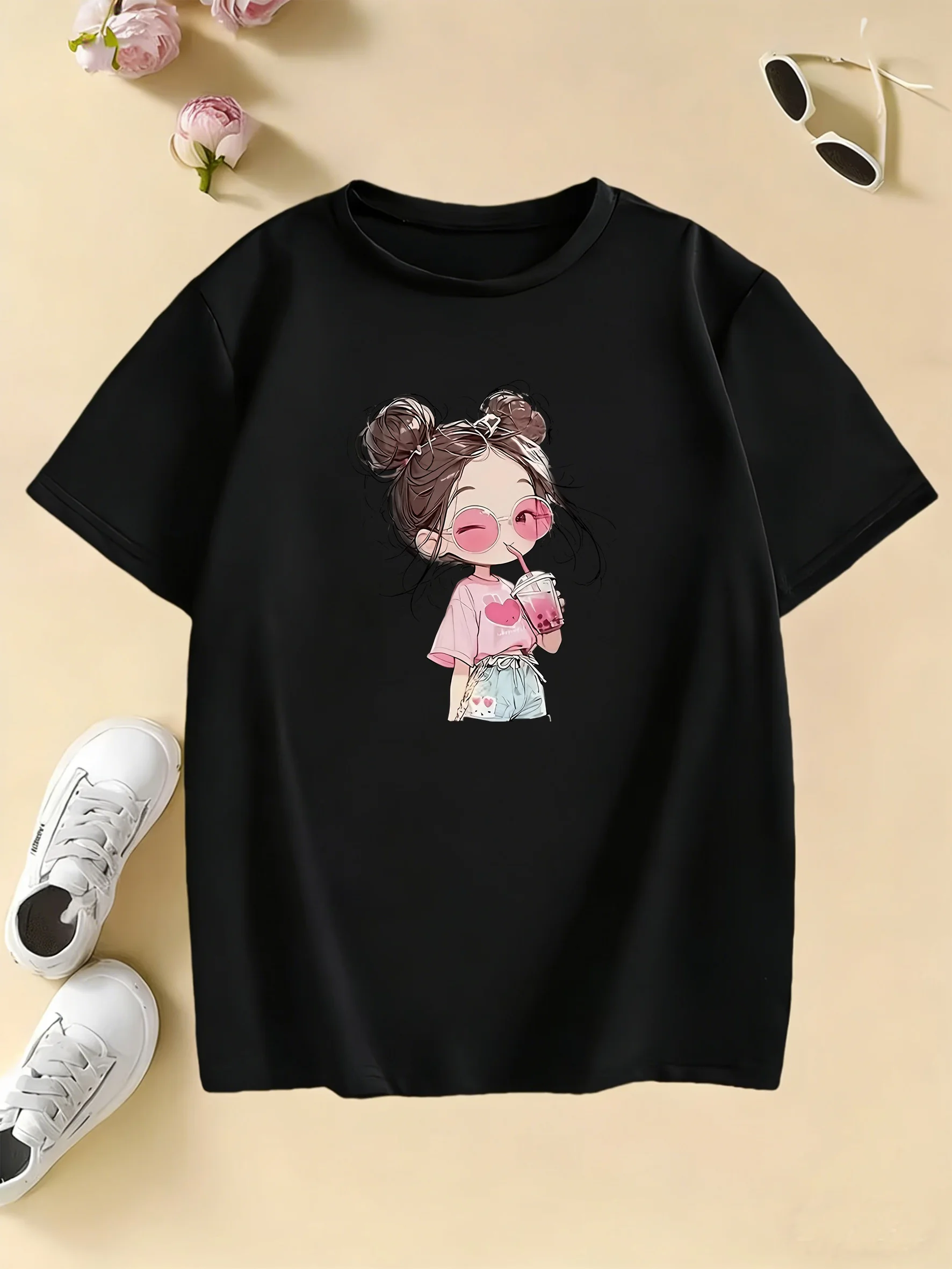 Y2k Hip Hop Retro Girl Drink Juice T Shirts Kids Children's Summer Fashion T-shirt Girls Summer Spring Casual Top Tee Shirt
