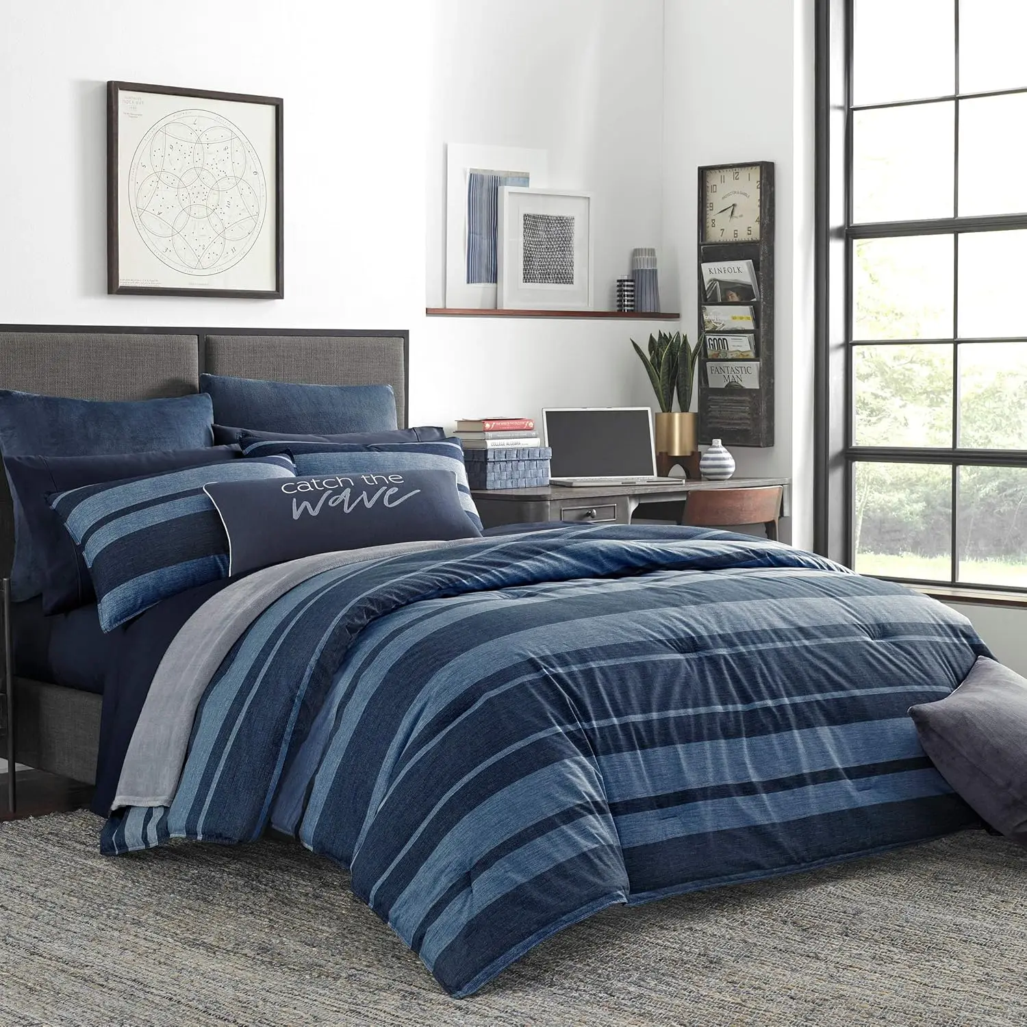 

Comforter Set, Cotton Reversible Bedding with Matching Shams, Stylish Home Decor (Longpoint Blue, Queen), Navy/Blue