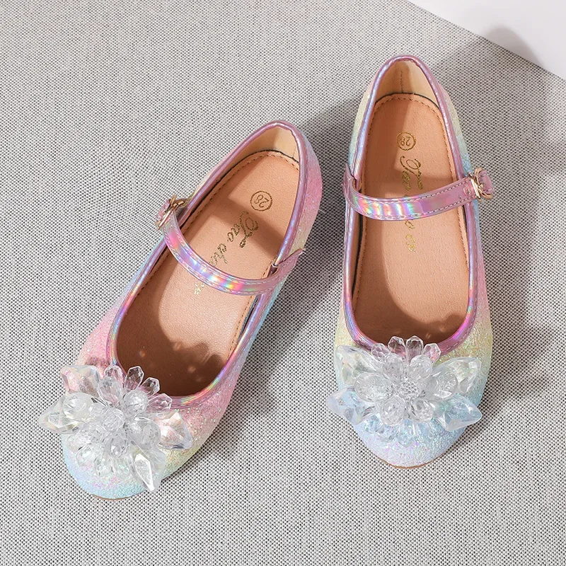 Children Princess Shoes Glitter Performance Shoes for Girl with Heels Fashion Rainbow Kid Rhinestones Wedding Party Leather Shoe