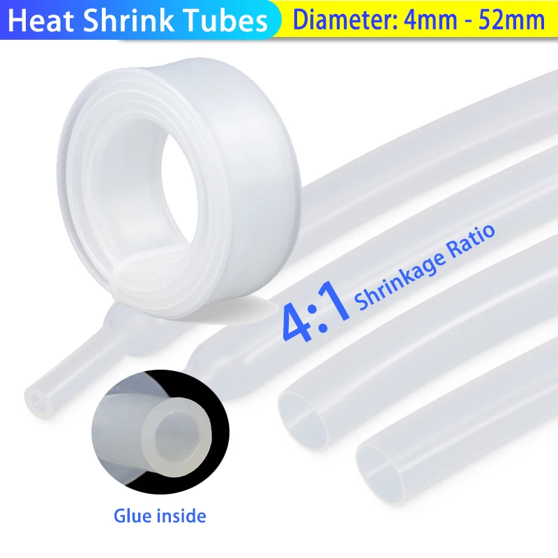 Tubo Termoencolhível Transparente Colado 4:1 de 1 a 10m, 4mm - 52mm, Parede Dupla com Adesivo, Revestimento de Poliolefina para Reparo de Fios e Cabos
