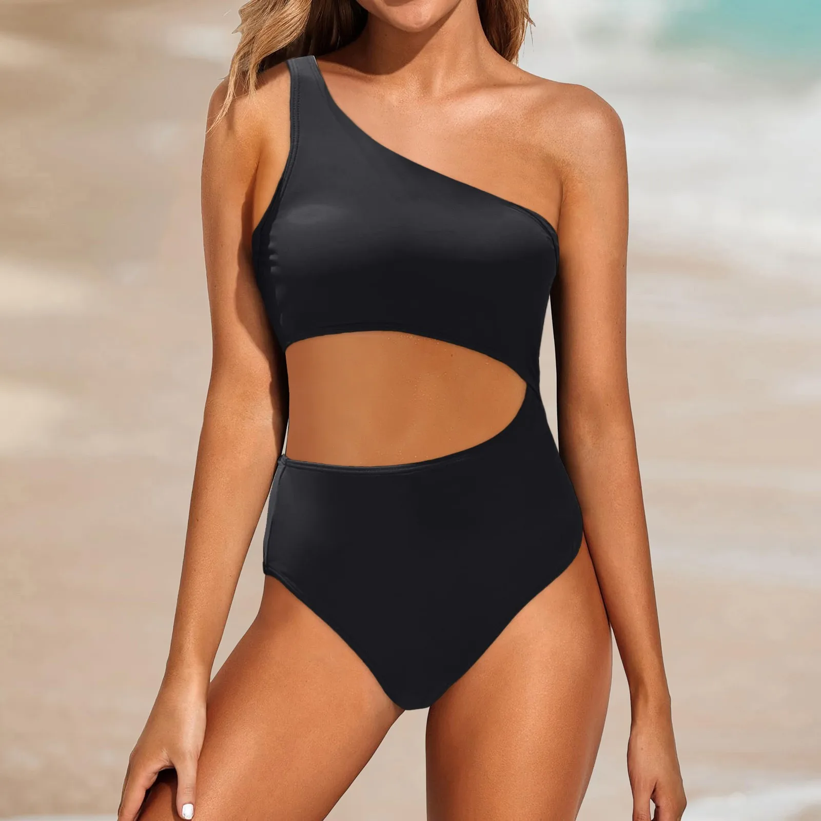 

Women One Shoulder Cut Out One-Piece Swimsuit Women Beach Solid Brown Bathing Suit Swimwear 2024 New Girl Plain Swimsuits