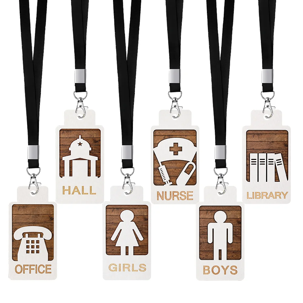 Rustic Wood Grain Acrylic Hall Pass Cards with Lanyards 6 Pack, Restroom Nurse Library Office Pass for Boys Girls Teachers