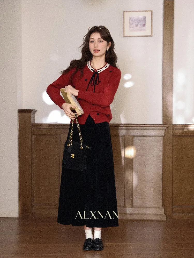 ALXNAN Red Knit Cardigan Women 2025 Fall Winter Long Sleeve Heart Sweater Chic French Style Ladies Warm Knit Tops DYL663086