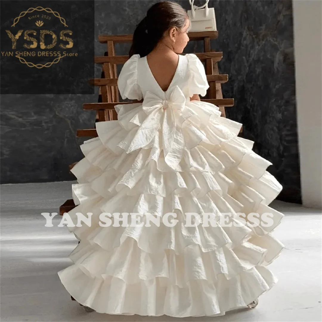 

Ivory Flower Girl Dresses for Wedding Party Layered Puffy With Bow First Communion Ball Gown Pageant Kids Birthday Wear