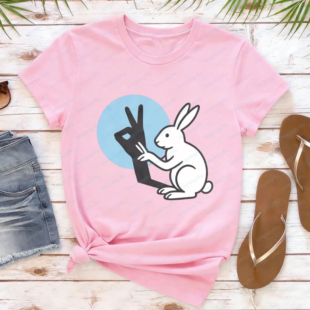 Rabbit Peace Sign Women T-Shirt Cotton Rabbit  Lover Clothes Short Sleeve O-Neck Casual Fashion Top for Her Spring Summer Gift