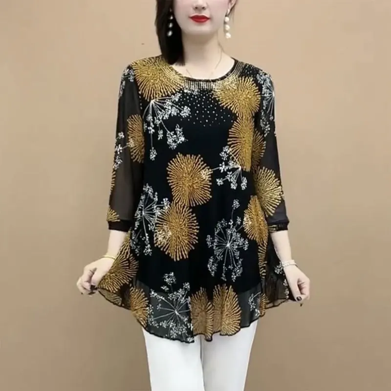 

Casual O-Neck Fashion Diamonds Blouse Spring Loose 3/4 Sleeve Female Clothing Gauze Commute Vintage Printed Shirt JJ91