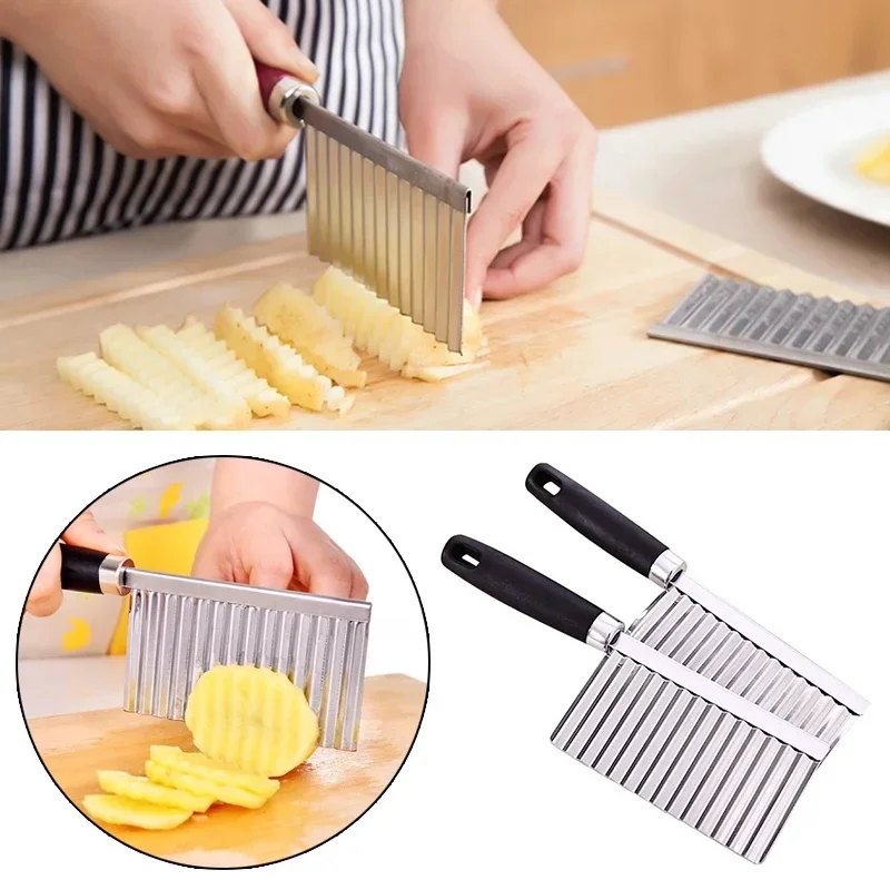 Cortador ondulado de patatas fritas de acero inoxidable, cortador de masa, vegetales, frutas, cuchillo ondulado de arruga, cortador de patatas fritas, artilugios de cocina
