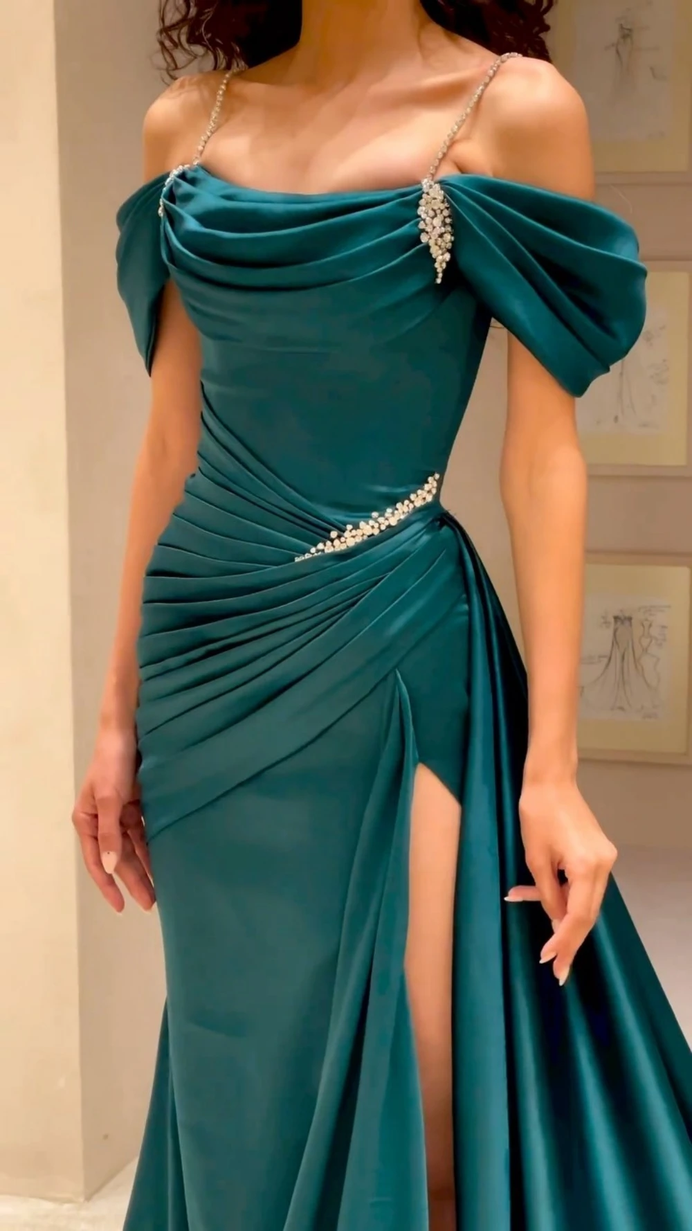 Exquisite Sparkle High Quality Satin Draped Beading Birthday A-line Spaghetti Strap Bespoke Occasion Gown Long Dresses